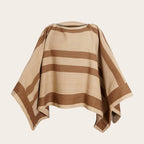 Poncho OLKI de lana premium beige con rayas marrones, tejido compacto y duradero, ideal para clima frío.