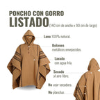 Poncho clásico de lana 100% natural OLKI color café con rayas negras, capucha y botones metálicos envejecidos.