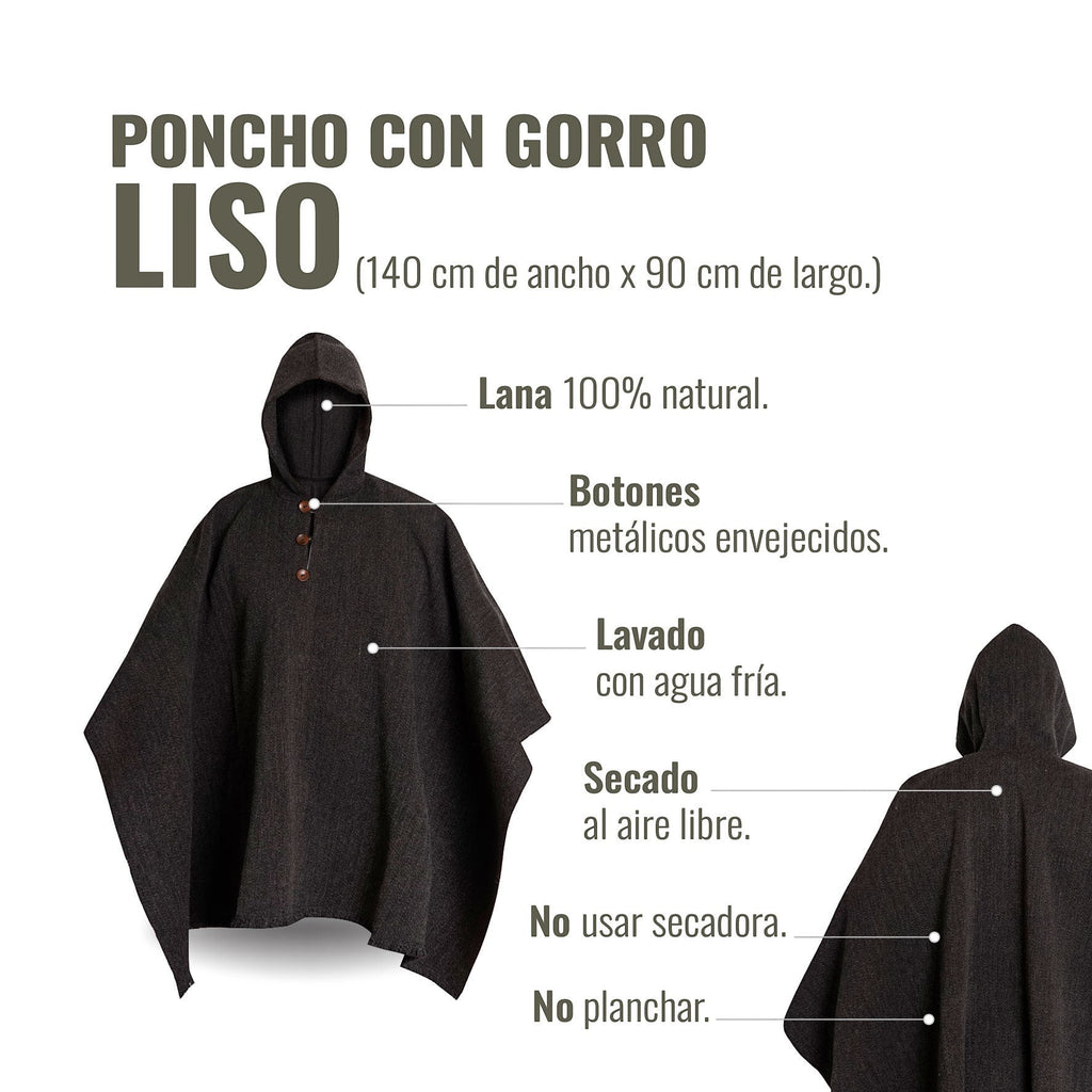 Poncho clásico gris de lana 100% natural OLKI con capucha y botones metálicos envejecidos.