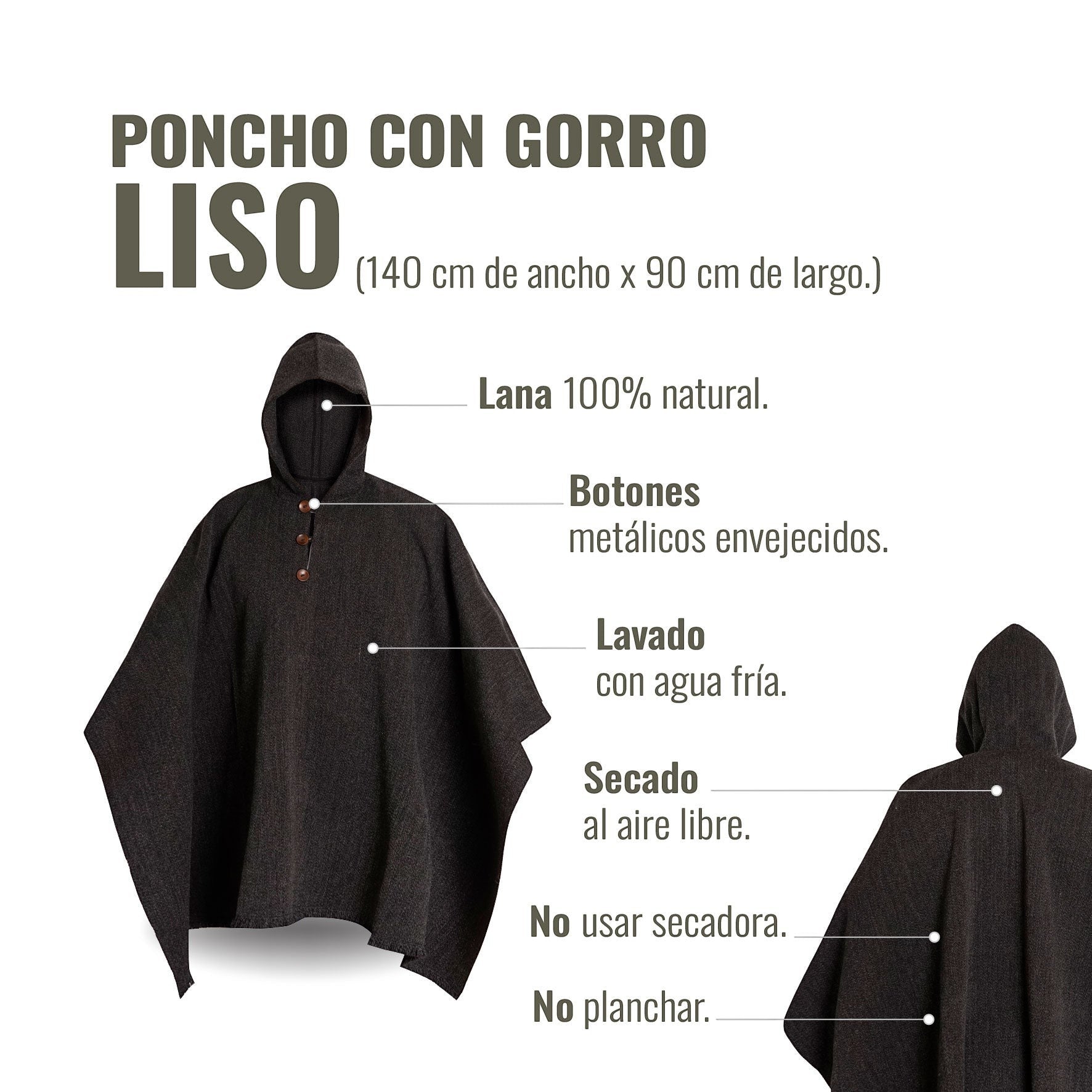 Poncho clásico gris de lana 100% natural OLKI con capucha y botones metálicos envejecidos.