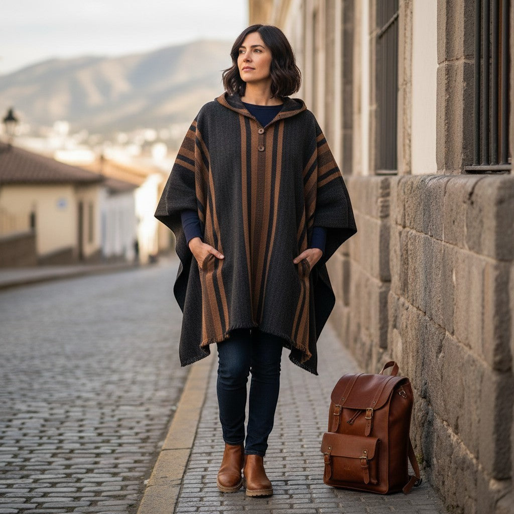 Poncho OLKI clásico de lana premium gris y marrón con capucha y botones, tejido a rayas verticales.