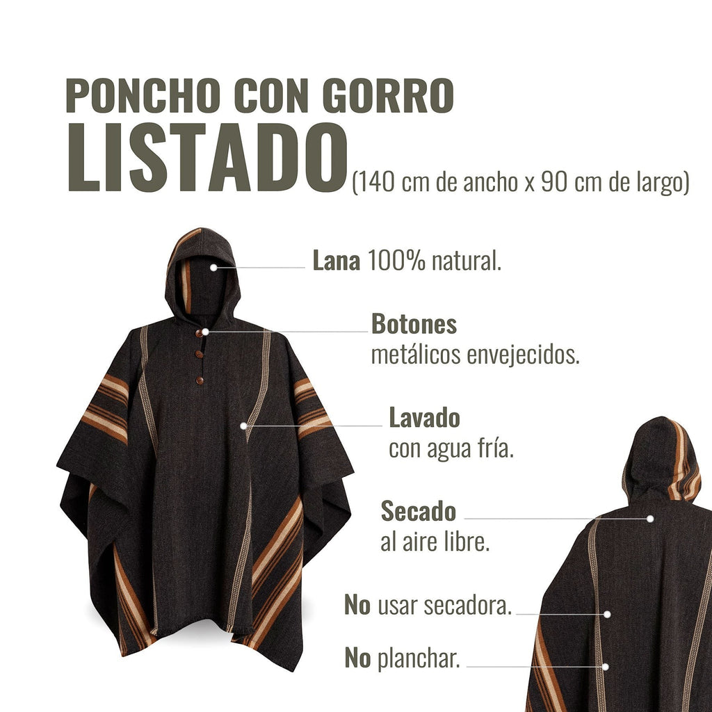 Poncho OLKI clásico de lana 100% natural gris con capucha y botones metálicos envejecidos, con detalles de rayas marrones y blancas.