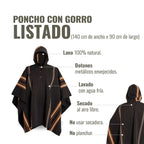 Poncho OLKI clásico de lana 100% natural gris con capucha y botones metálicos envejecidos, con detalles de rayas marrones y blancas.