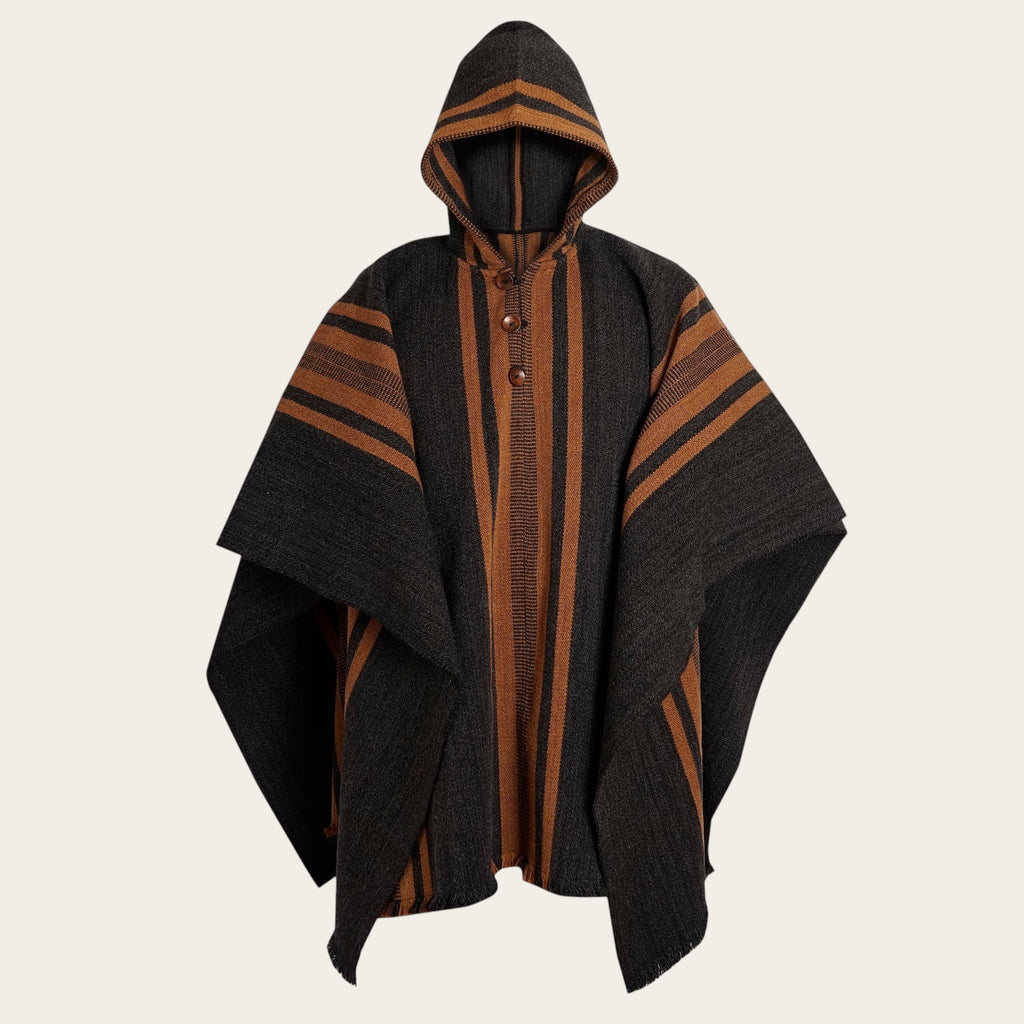 Poncho OLKI clásico de lana premium gris con rayas marrones, capucha y botones. Tejido artesanal.