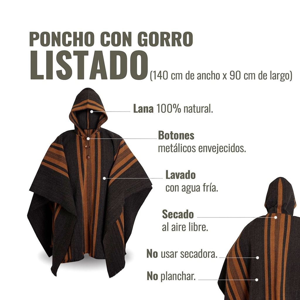 Poncho clásico OLKI gris con rayas marrones, capucha y botones metálicos. Lana 100% natural.