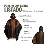 Poncho clásico OLKI gris con rayas marrones, capucha y botones metálicos. Lana 100% natural.