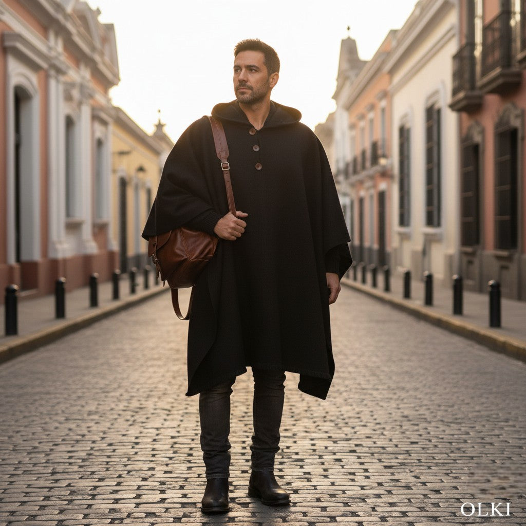 Poncho clásico de lana premium OLKI negro con capucha y tres botones de madera. Textura firme y caída elegante.
