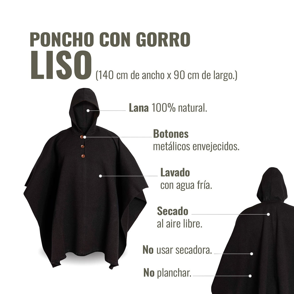 Poncho clásico negro de lana 100% natural OLKI con capucha y botones metálicos envejecidos.