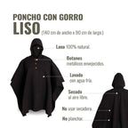 Poncho clásico negro de lana 100% natural OLKI con capucha y botones metálicos envejecidos.
