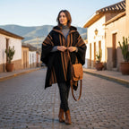 Poncho clásico de lana premium OLKI negro con rayas marrones y capucha. Cierre de botones en el cuello.