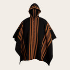 Poncho clásico de lana premium OLKI negro con rayas marrones y capucha. Cierre de dos botones.