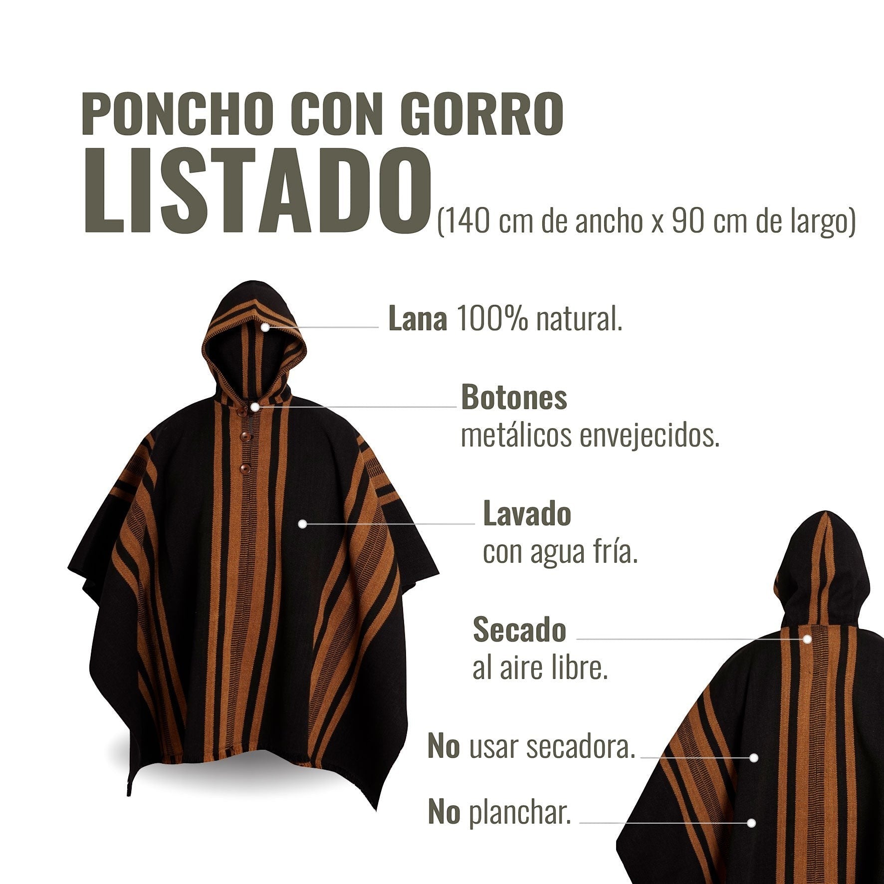 Poncho clásico negro y marrón de lana 100% natural de OLKI con capucha y botones metálicos envejecidos.