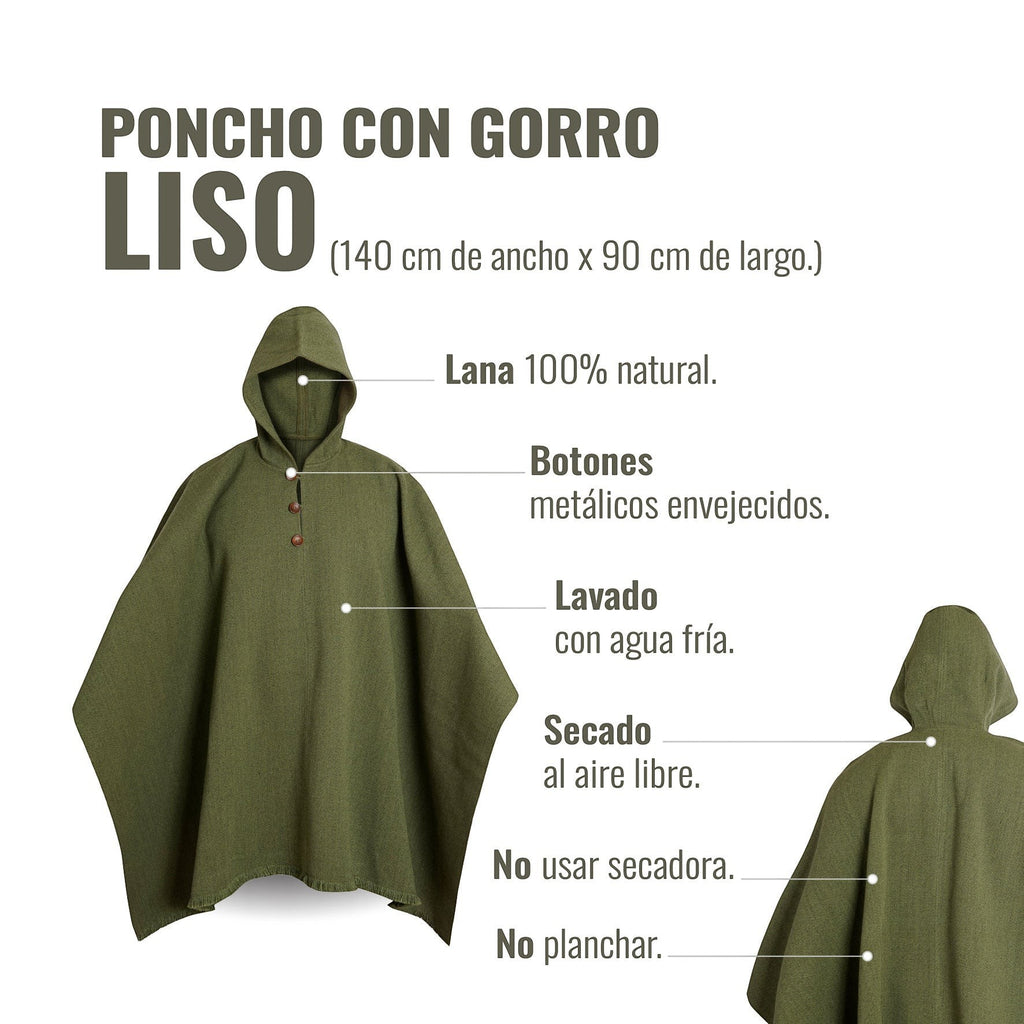 Poncho clásico OLKI verde de lana 100% natural con capucha y botones metálicos envejecidos.
