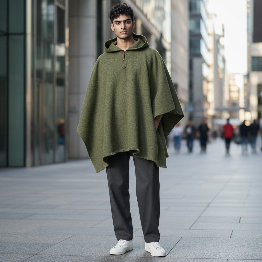 Poncho clásico verde de lana OLKI con capucha y tres botones de madera en el cuello.