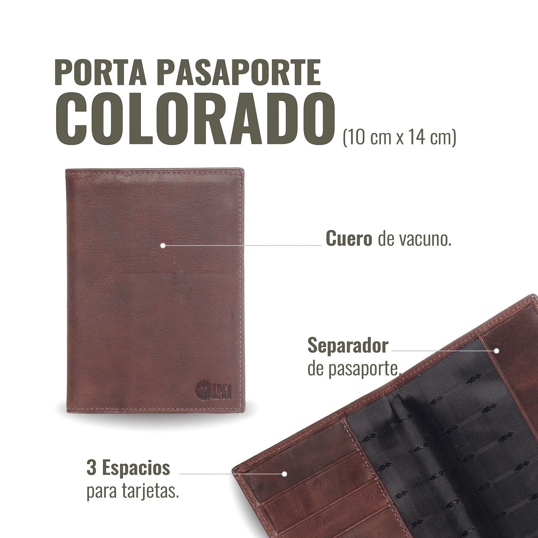 OLKI Porta Pasaporte Colorado en cuero de vacuno color chocolate. Con 3 espacios para tarjetas y separador para pasaporte. Dimensiones 10x14 cm.