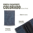 OLKI Porta Pasaporte Colorado azul marino de cuero de vacuno con 3 espacios para tarjetas y separador interno.