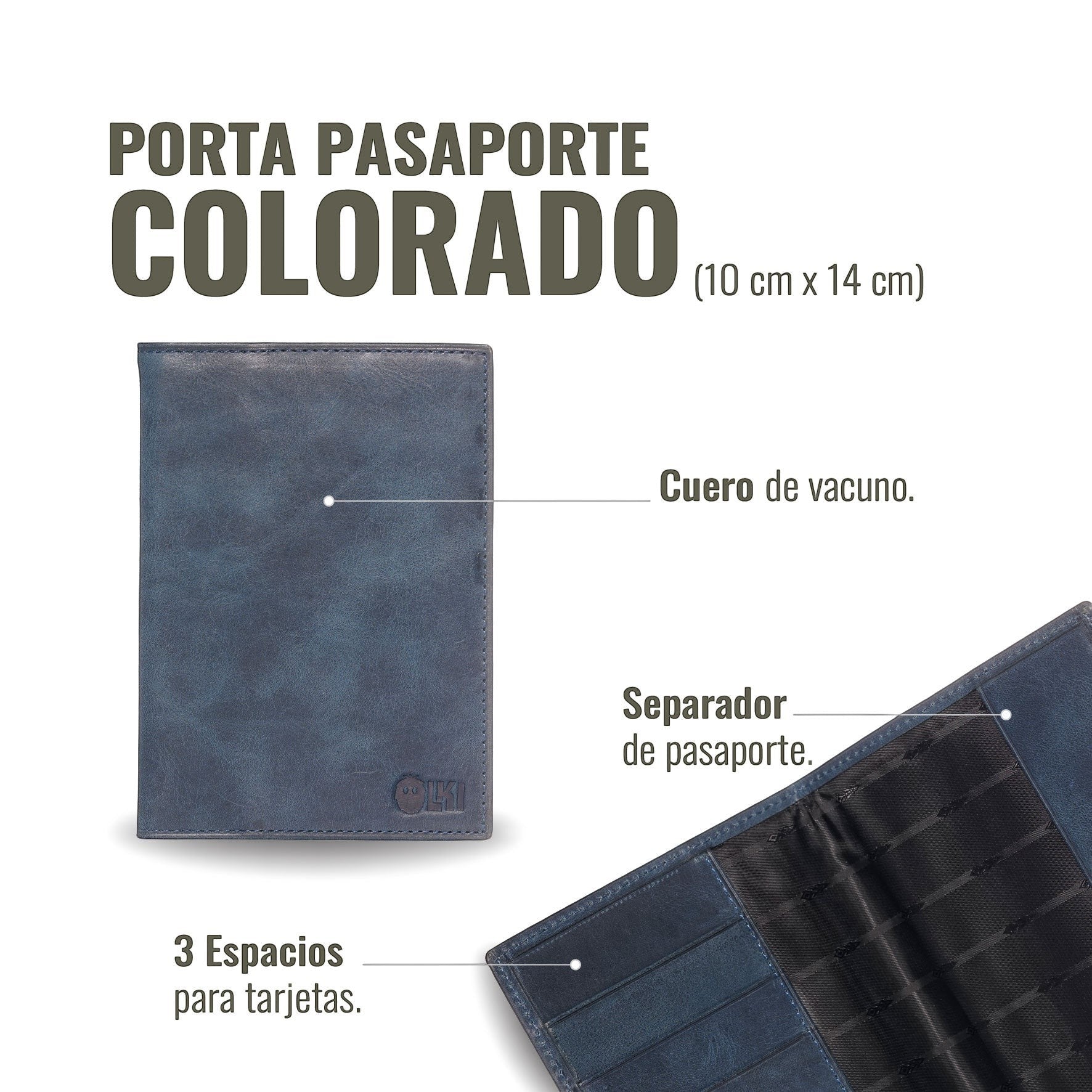 OLKI Porta Pasaporte Colorado azul marino de cuero de vacuno con 3 espacios para tarjetas y separador interno.