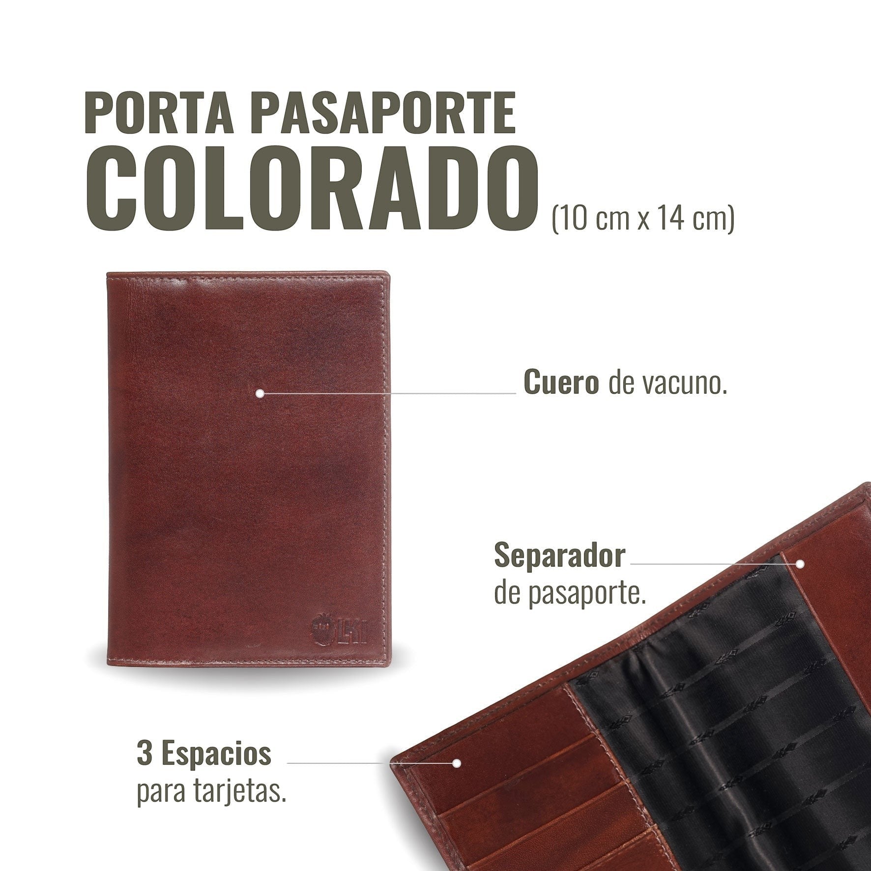 OLKI Porta Pasaporte Colorado Castaño de cuero de vacuno con 3 espacios para tarjetas y separador de pasaporte. Medidas 10x14 cm.