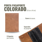 OLKI Porta Pasaporte Colorado Habano de cuero de vacuno con 3 espacios para tarjetas y separador de pasaporte.