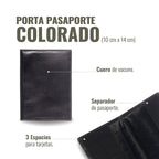 OLKI Porta Pasaporte Colorado Negro de cuero de vacuno con 3 espacios para tarjetas y separador de pasaporte.