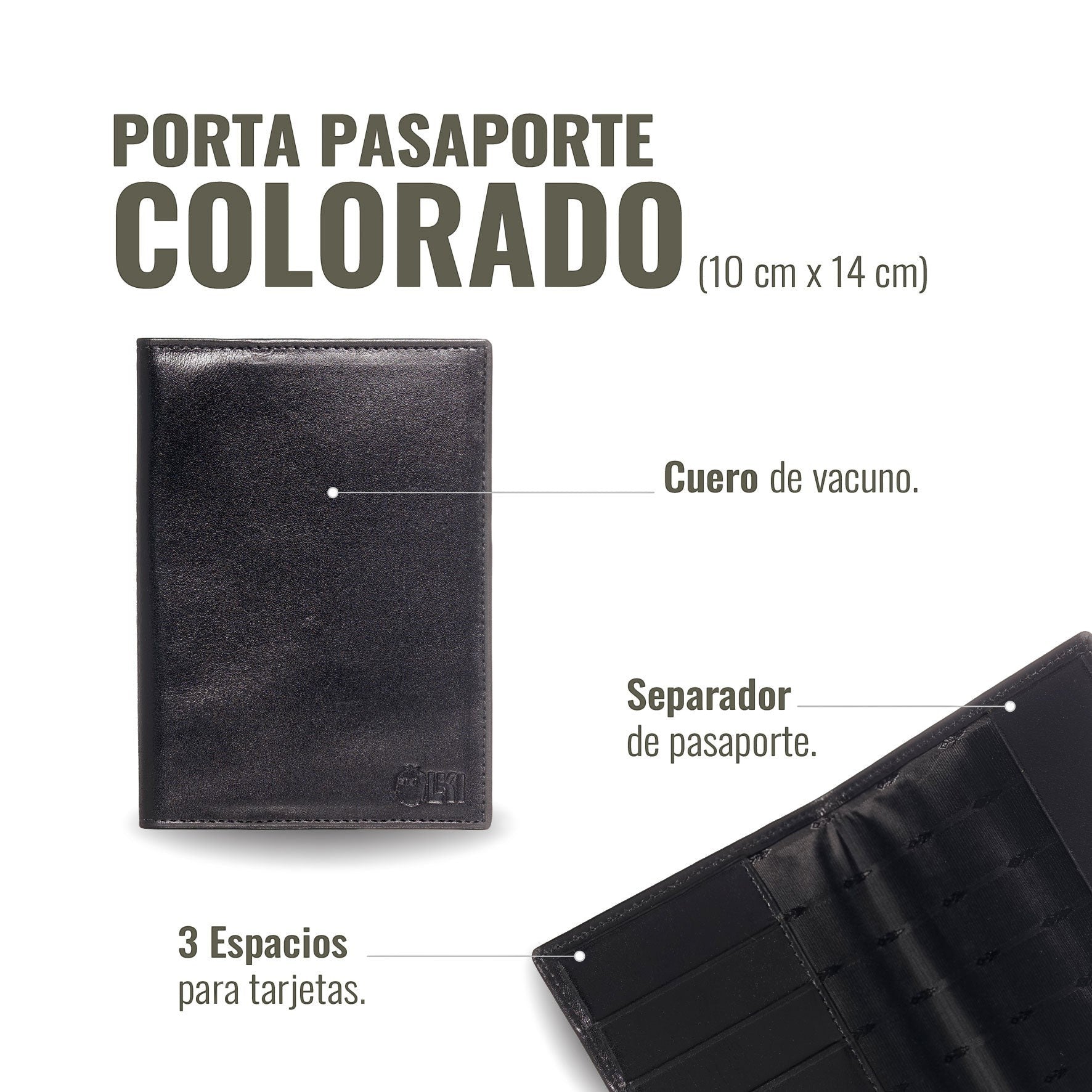 OLKI Porta Pasaporte Colorado Negro de cuero de vacuno con 3 espacios para tarjetas y separador de pasaporte.