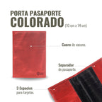 OLKI Porta Pasaporte Colorado Rojo de piel de vacuno con 3 espacios para tarjetas y separador de pasaporte. Dimensiones 10x14 cm.