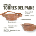 Riñonera OLKI Banano Torres del Paine en cuero habano, con correa ajustable y herrajes envejecidos. Ideal para viajes.