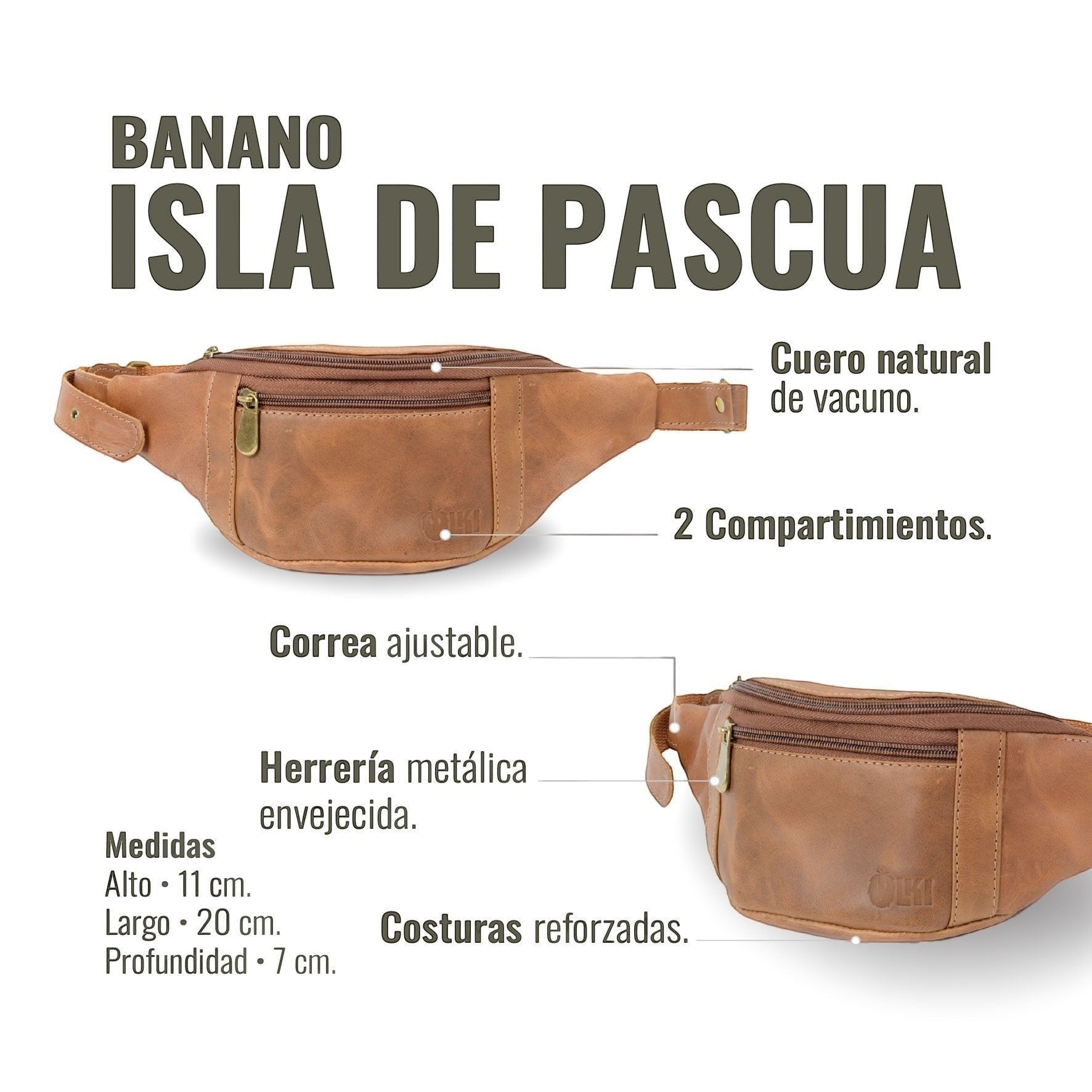 Riñonera OLKI Banano Isla de Pascua en piel color habano con dos compartimentos y correa ajustable.