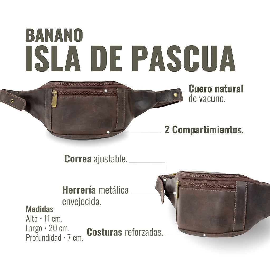 Banano OLKI Isla de Pascua en cuero chocolate con dos compartimentos y correa ajustable. Estilo rústico y funcional.