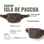 Banano OLKI Isla de Pascua en cuero chocolate con dos compartimentos y correa ajustable. Estilo rústico y funcional.