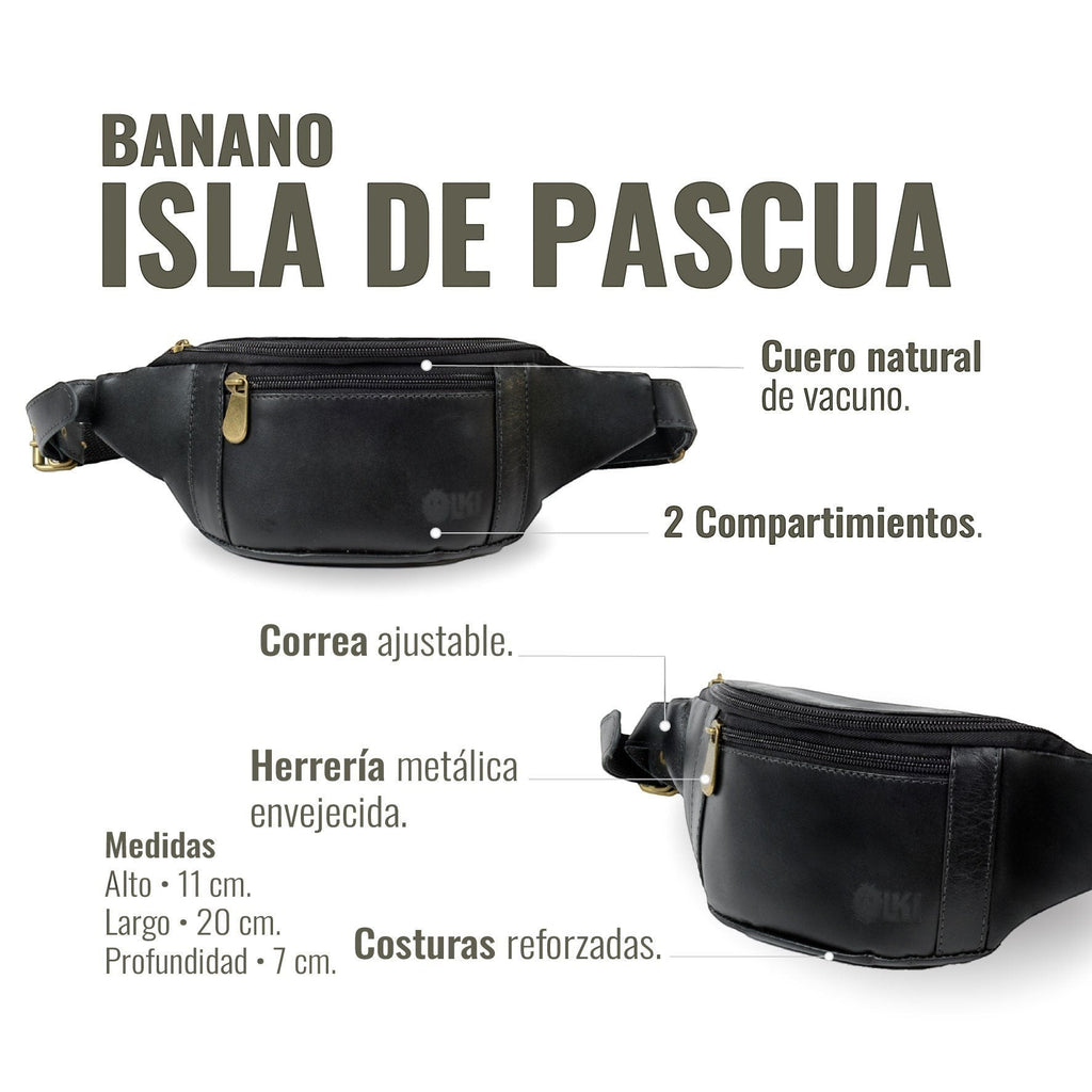 Banano negro de cuero natural de vacuno de OLKI con dos compartimentos, correa ajustable y herrajes envejecidos. Ideal para viajes y uso diario.