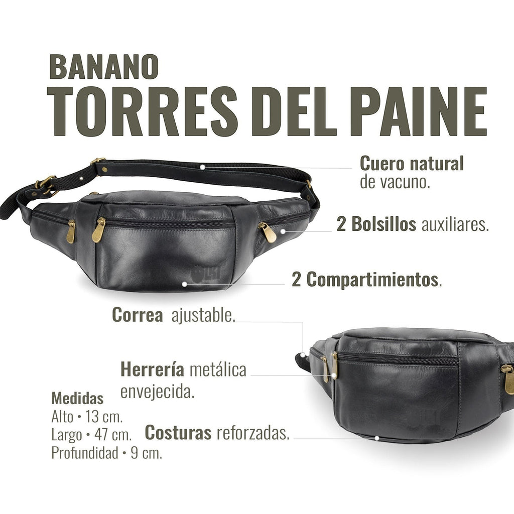 Riñonera negra OLKI Banano Torres del Paine de cuero natural de vacuno con dos compartimentos y dos bolsillos auxiliares. Correa ajustable y herrajes metálicos envejecidos.