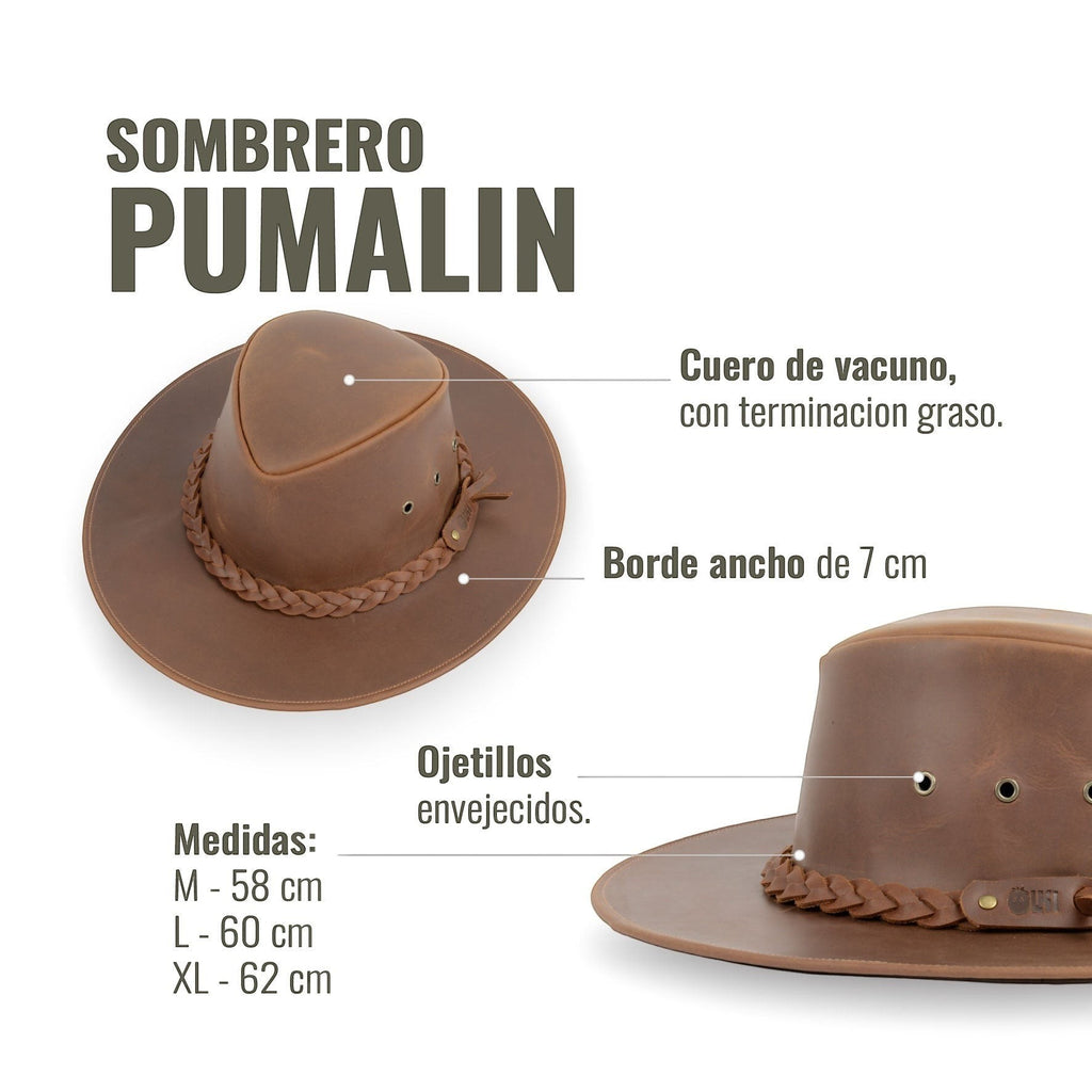 Sombrero Pumalín Habano de cuero marrón de OLKI con ala ancha, cinta trenzada y ojillos envejecidos. Ideal para exteriores.