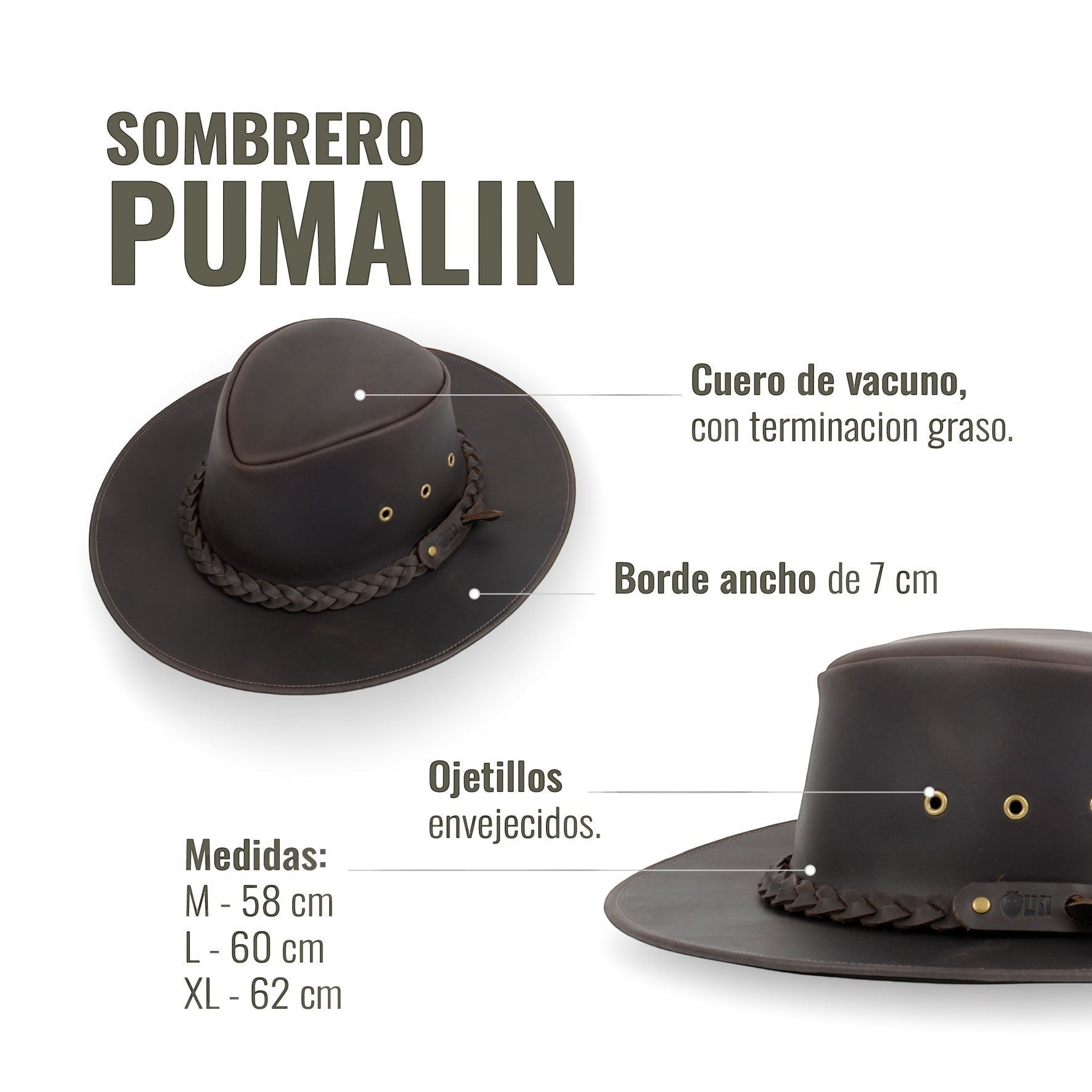 Sombrero marrón oscuro de cuero de vacuno de OLKI con borde ancho de 7 cm, ojeteillos envejecidos y cinta trenzada a mano.