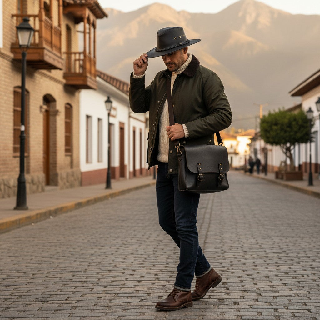 Sombrero unisex OLKI de cuero negro con ala ancha, cinta trenzada y remaches metálicos. Ideal para viajes y aire libre.