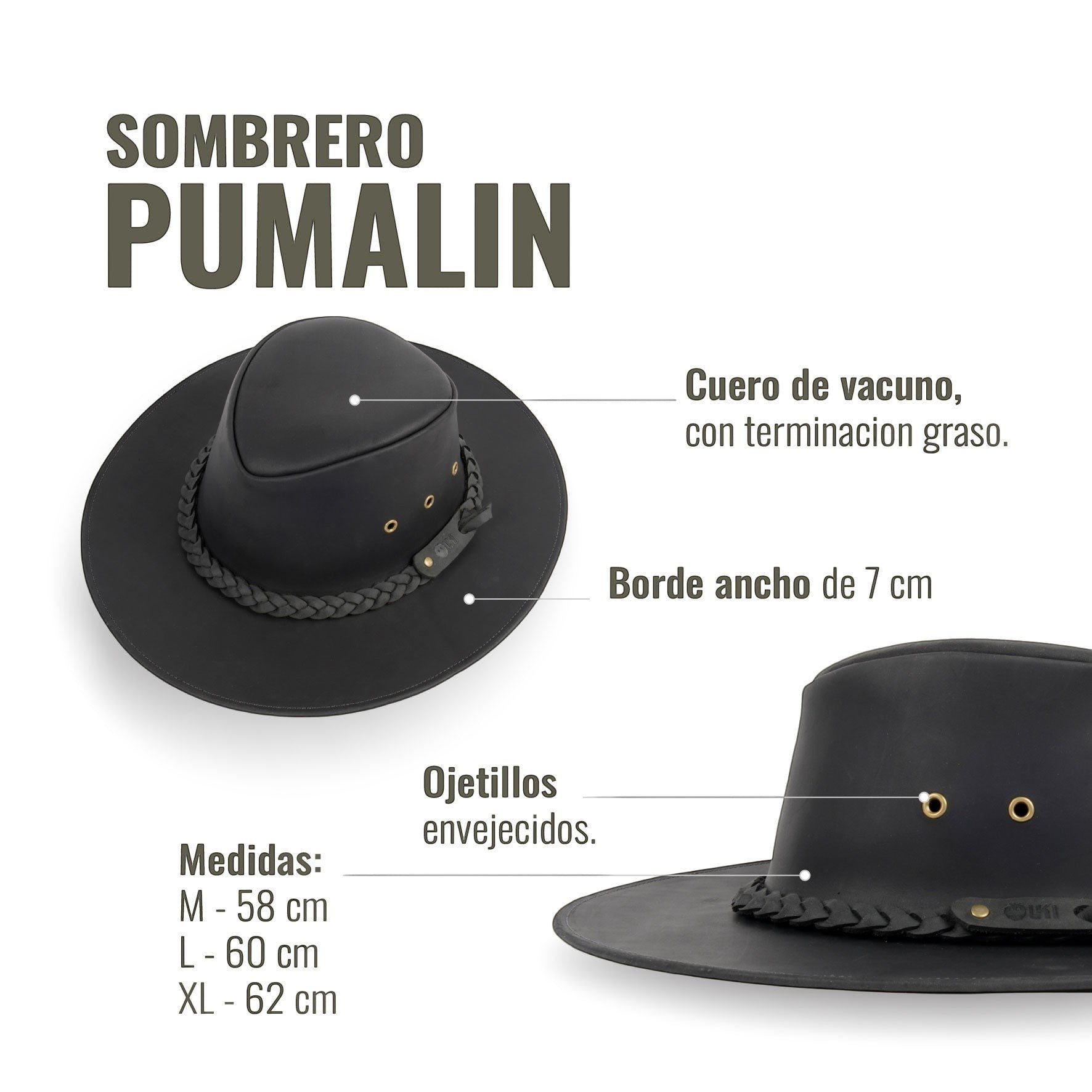 Sombrero negro de cuero vacuno de ala ancha con cinta trenzada y ojete envejecido de OLKI. Ideal para viajes y aventuras.
