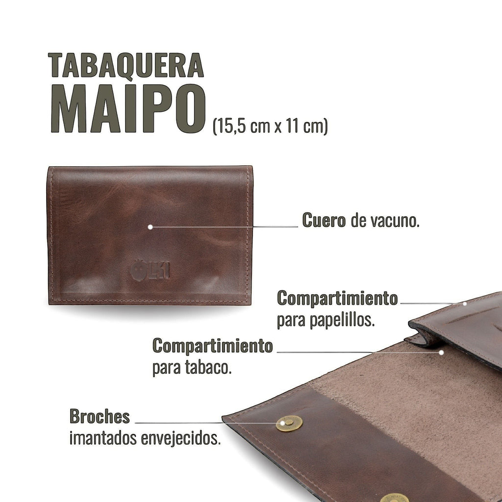 OLKI Tabaquera Maipo Chocolate de cuero de vacuno con broches imantados y compartimentos para tabaco y papelillos.