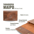 OLKI Tabaquera Maipo Habano de cuero genuino con compartimentos para tabaco y papelillos, cierre de broches envejecidos.