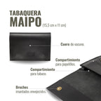 OLKI Tabaquera Maipo Negro de cuero genuino, con compartimentos para tabaco y papelillos, y broches envejecidos.