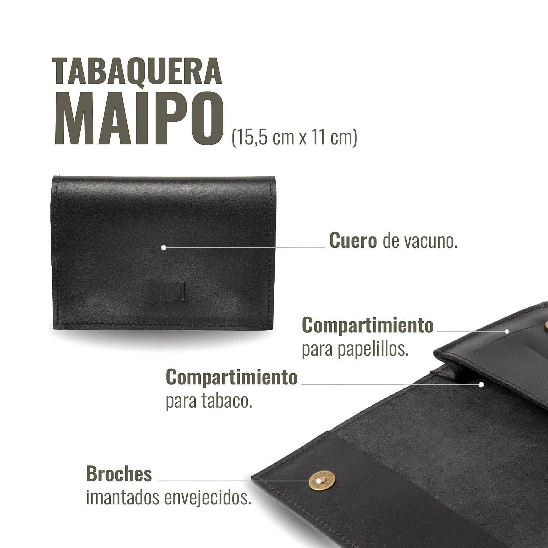 OLKI Tabaquera Maipo Negro de cuero genuino, con compartimentos para tabaco y papelillos, y broches envejecidos.