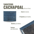 Tarjetero Cachapoal Azul de cuero de vacuno con 3 espacios para tarjetas, bolsillo para billetes y ventana para documento. Marca OLKI.