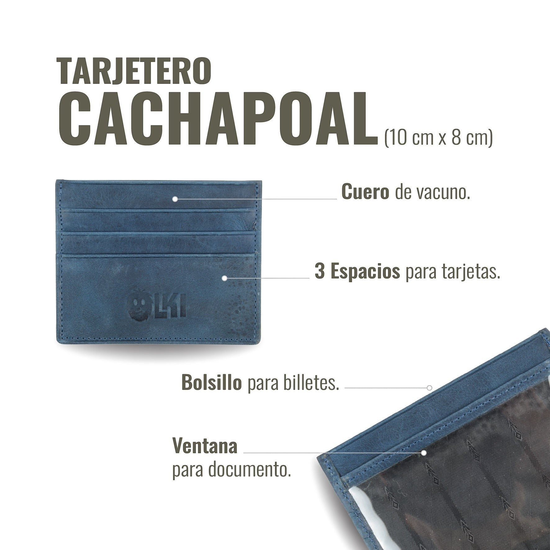 Tarjetero Cachapoal Azul de cuero de vacuno con 3 espacios para tarjetas, bolsillo para billetes y ventana para documento. Marca OLKI.