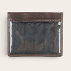 Tarjetero OLKI Cachapoal de cuero marrón chocolate con compartimento transparente para tarjetas.