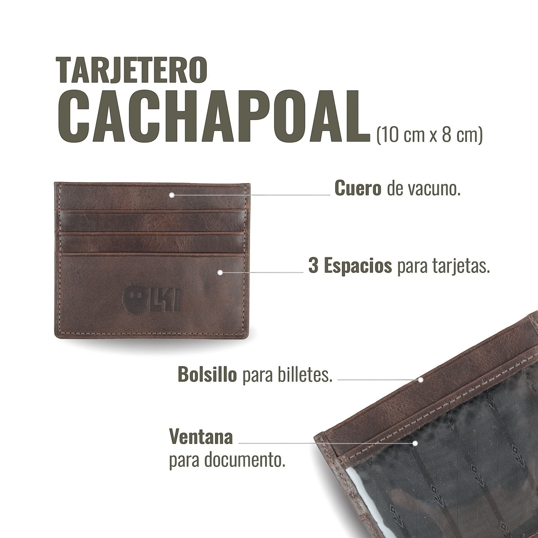 Tarjetero Cachapoal de cuero vacuno color chocolate de OLKI con 3 espacios para tarjetas y ventana para documento.