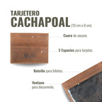Tarjetero OLKI Cachapoal de cuero vacuno color habano con 3 espacios para tarjetas y ventana para documento.