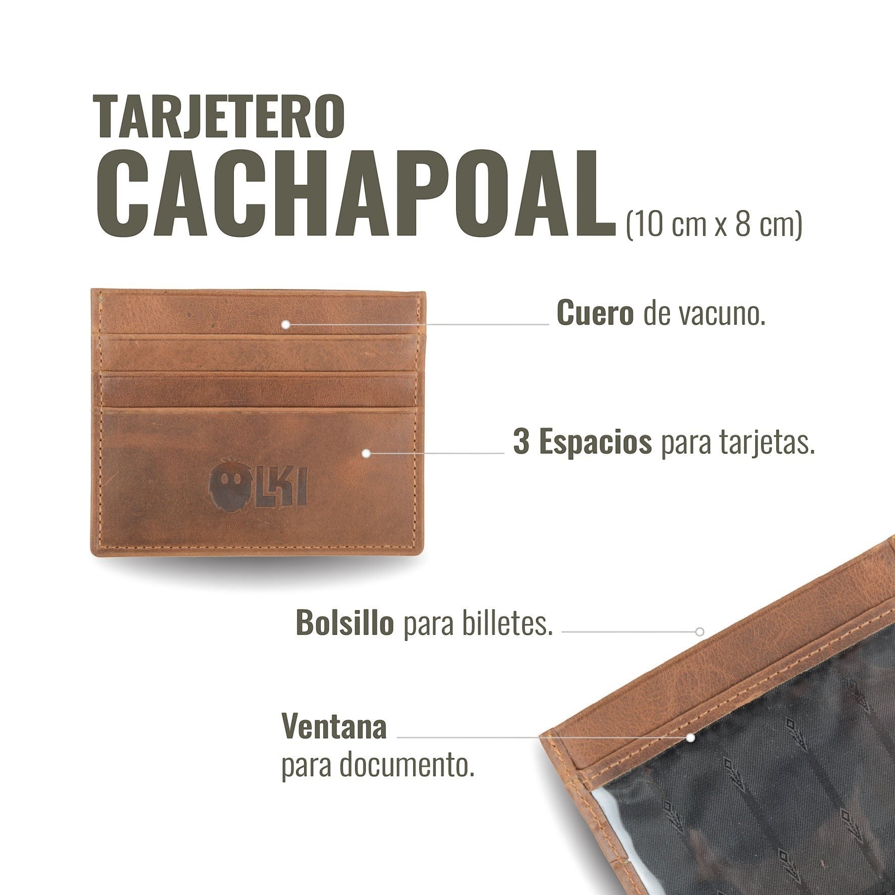Tarjetero OLKI Cachapoal de cuero vacuno color habano con 3 espacios para tarjetas y ventana para documento.