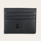 Tarjetero OLKI Cachapoal negro de cuero con múltiples ranuras y logo grabado. Diseño minimalista.