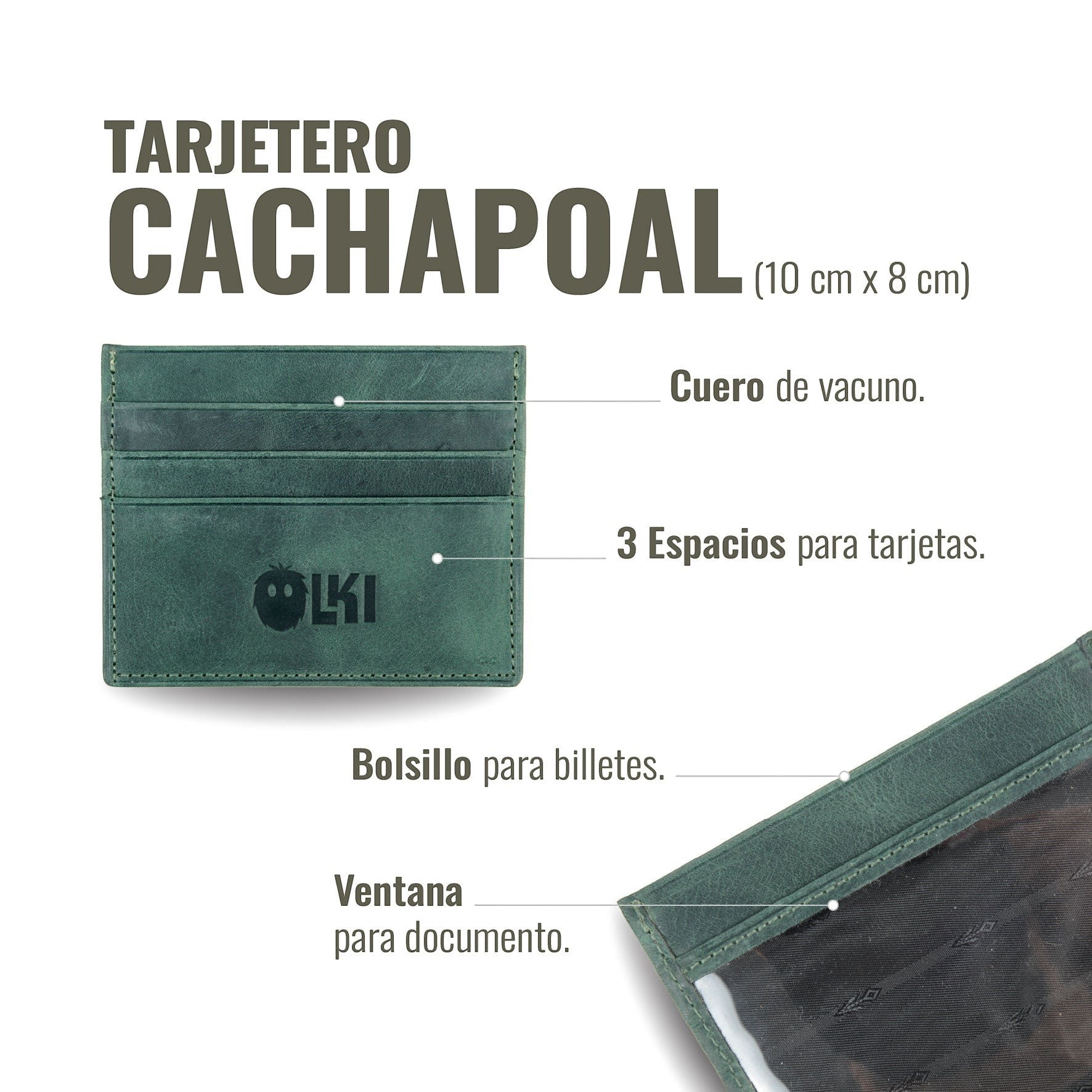 Tarjetero Cachapoal Verde de cuero de vacuno con 3 ranuras para tarjetas, bolsillo para billetes y ventana para documento. Logo OLKI.
