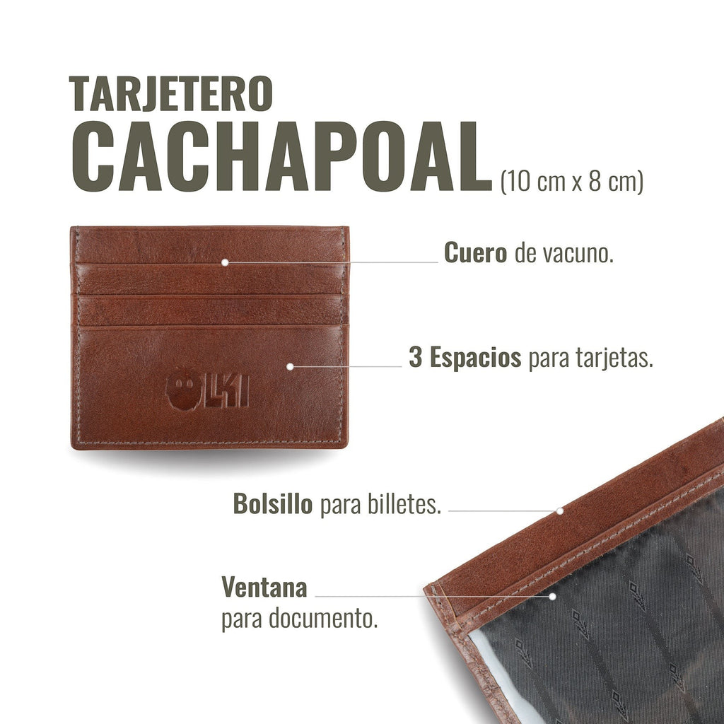 Tarjetero OLKI Cachapoal de cuero vacuno en color castaño con 3 ranuras para tarjetas y ventana para documento.