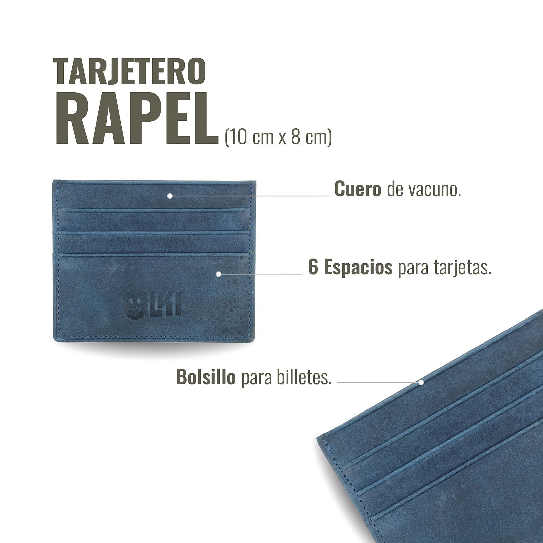 Tarjetero Rapel Azul de piel de vacuno de OLKI con 6 espacios para tarjetas y bolsillo para billetes. Diseño minimalista y funcional.